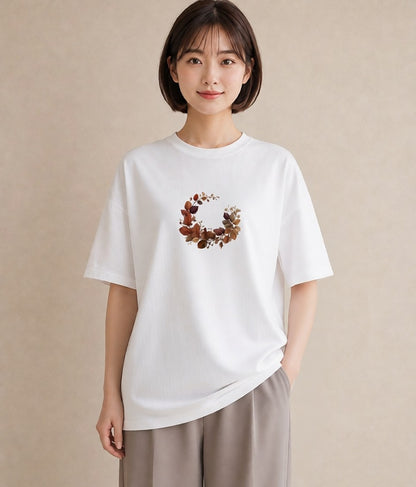半袖Tシャツ レディース 落ち葉 植物 ボタニカル イラスト 上品 夏コーデ 通学 白T YMAZO
