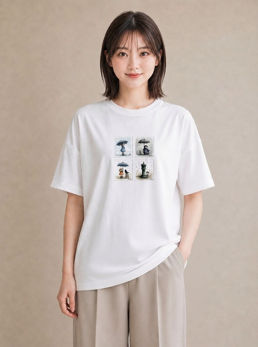 半袖Tシャツ レディース 傘 水たまり 雨 ナチュラル アンティーク イラスト ヴィンテージ風 デイリーウェア 休日 白T YMAZO