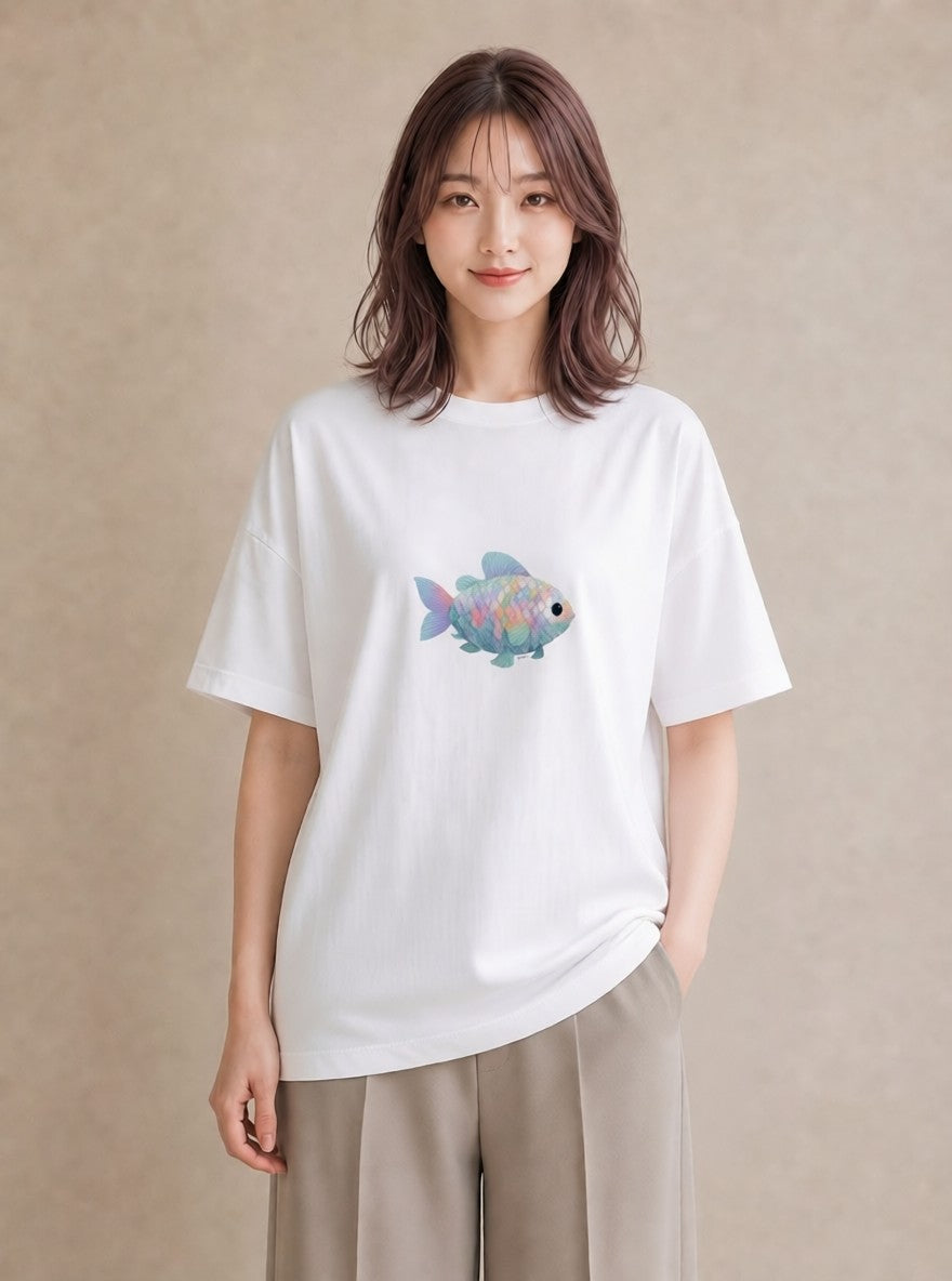 半袖Tシャツ レディース 出目金 ペット 動物 イラスト ボタニカル クリスマス 旅行 白T YMAZO