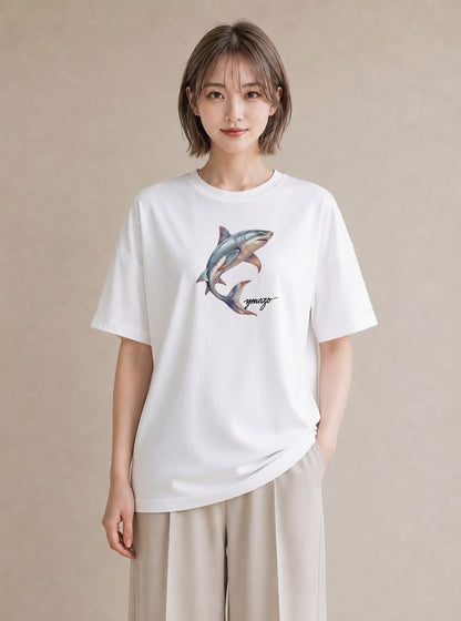 デザインTシャツ レディース サメ 海の生き物 海 イラスト 可愛い ママ カフェ服 白T YMAZO