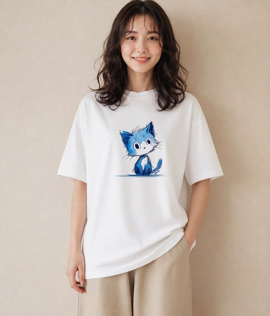 グラフィックTシャツ レディース ロシアンブルー 猫 ねこ イラスト ナチュラル ビーチ デイリーウェア 白T YMAZO