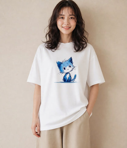 グラフィックTシャツ レディース ロシアンブルー 猫 ねこ イラスト ナチュラル ビーチ デイリーウェア 白T YMAZO
