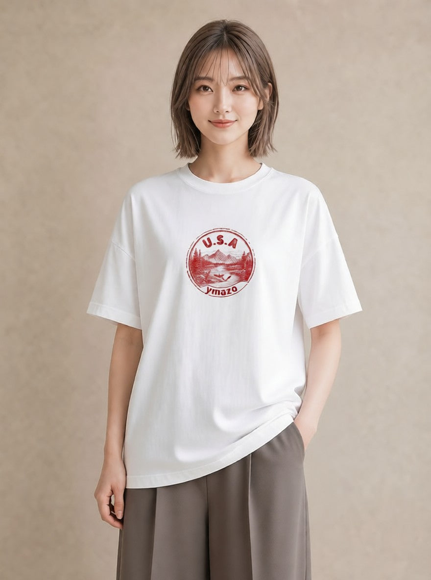 グラフィックTシャツ レディース 旅 トラベル スタンプ イラスト 韓国風 カジュアルコーデ 買い物 白T YMAZO