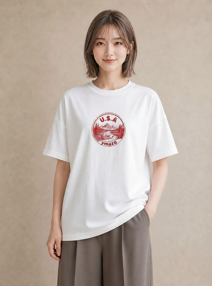 グラフィックTシャツ レディース 旅 トラベル スタンプ イラスト 韓国風 カジュアルコーデ 買い物 白T YMAZO