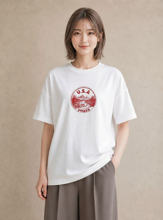 グラフィックTシャツ レディース 旅 トラベル スタンプ イラスト 韓国風 カジュアルコーデ 買い物 白T YMAZO