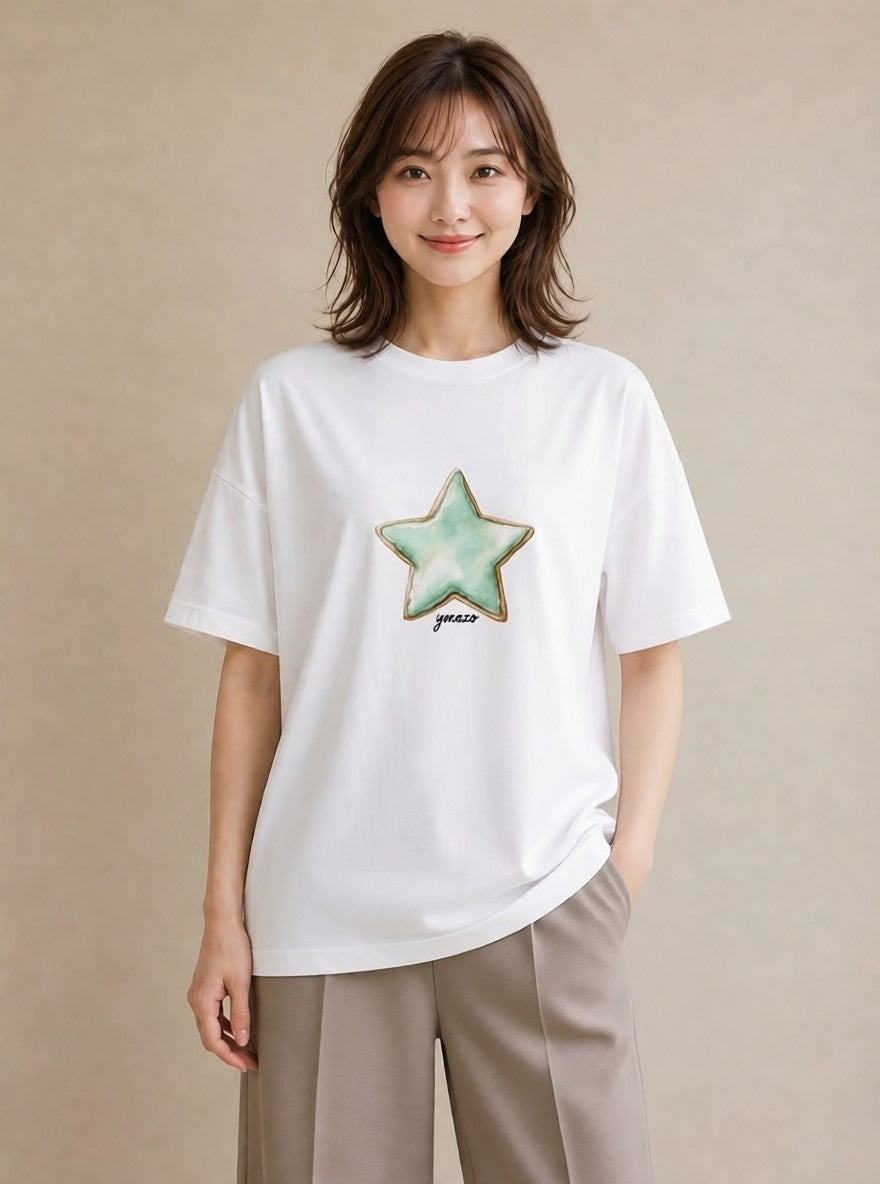 デザインTシャツ レディース 流れ星 星空 宇宙 イラスト 北欧風 社会人 女性 白T YMAZO