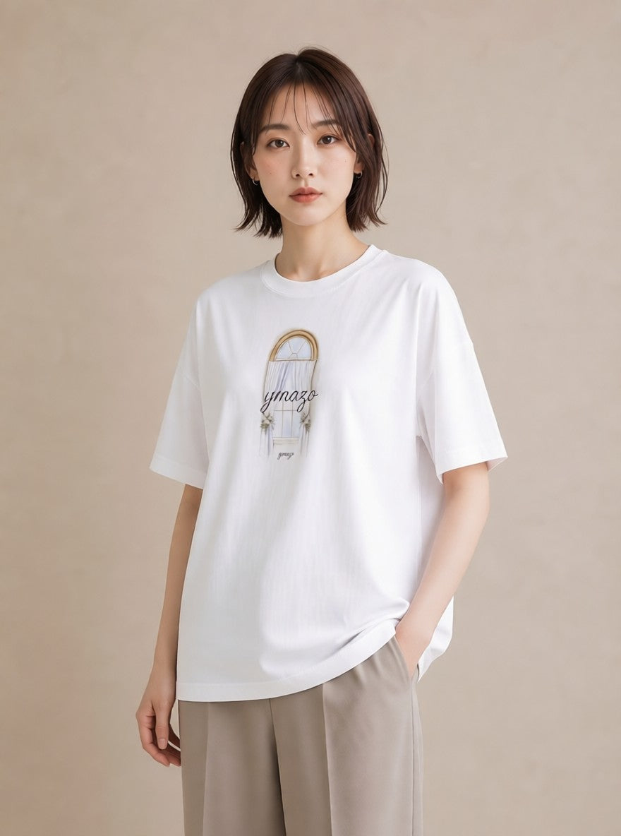 プリントTシャツ レディース 窓辺の雨 雨の日 窓 ナチュラル アンティーク イラスト 抜け感 友達ギフト 部屋着 白T YMAZO