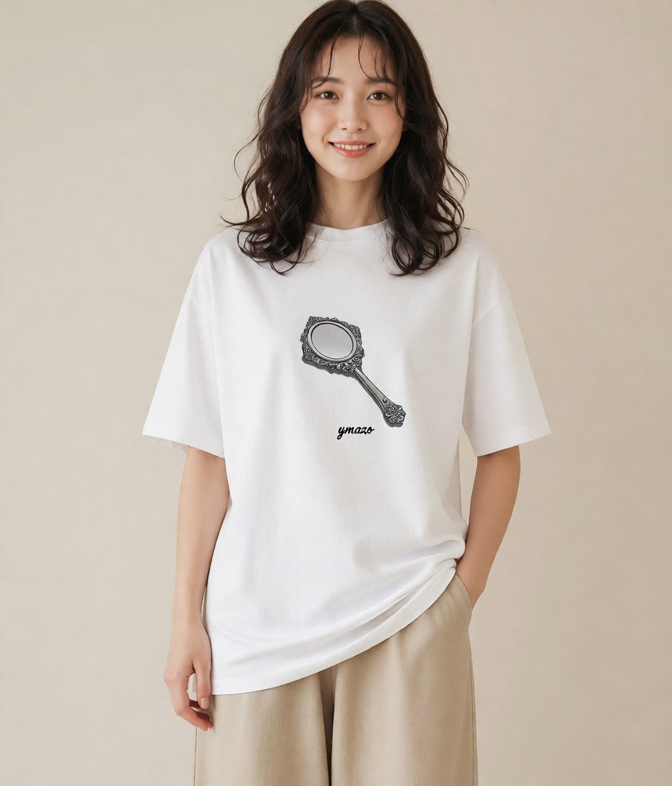 デザインTシャツ レディース 手鏡 アンティーク レトロ ナチュラル イラスト 個性的 自分用 ルームウェア 白T YMAZO