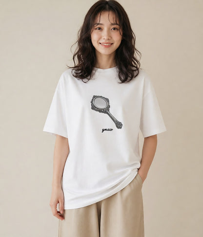 デザインTシャツ レディース 手鏡 アンティーク レトロ ナチュラル イラスト 個性的 自分用 ルームウェア 白T YMAZO