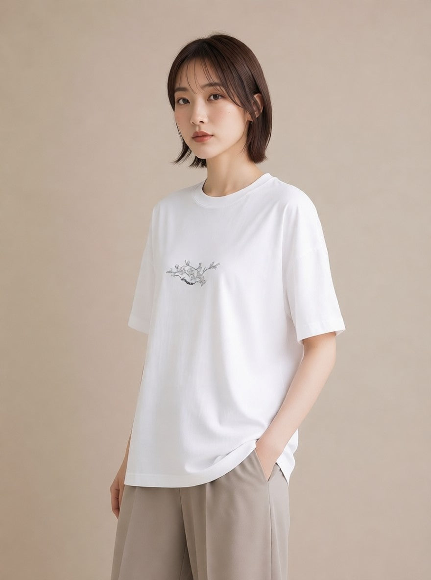 プリントTシャツ レディース さくら 桜 桜の枝 イラスト 淡色 カフェ服 クリスマス 白T YMAZO