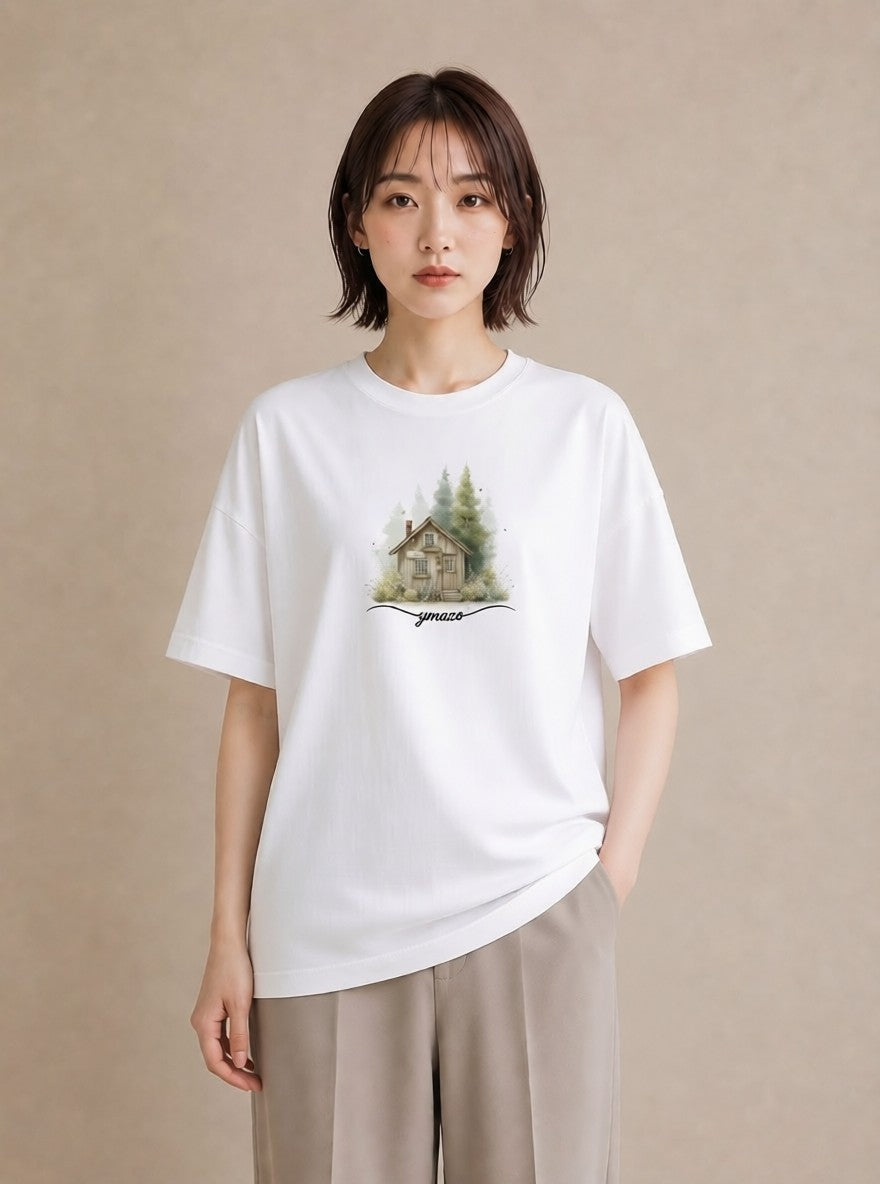 Tシャツ レディース 湖畔の小屋 湖 小屋 ナチュラル アンティーク イラスト ラフ 普段着 週末コーデ 白T YMAZO