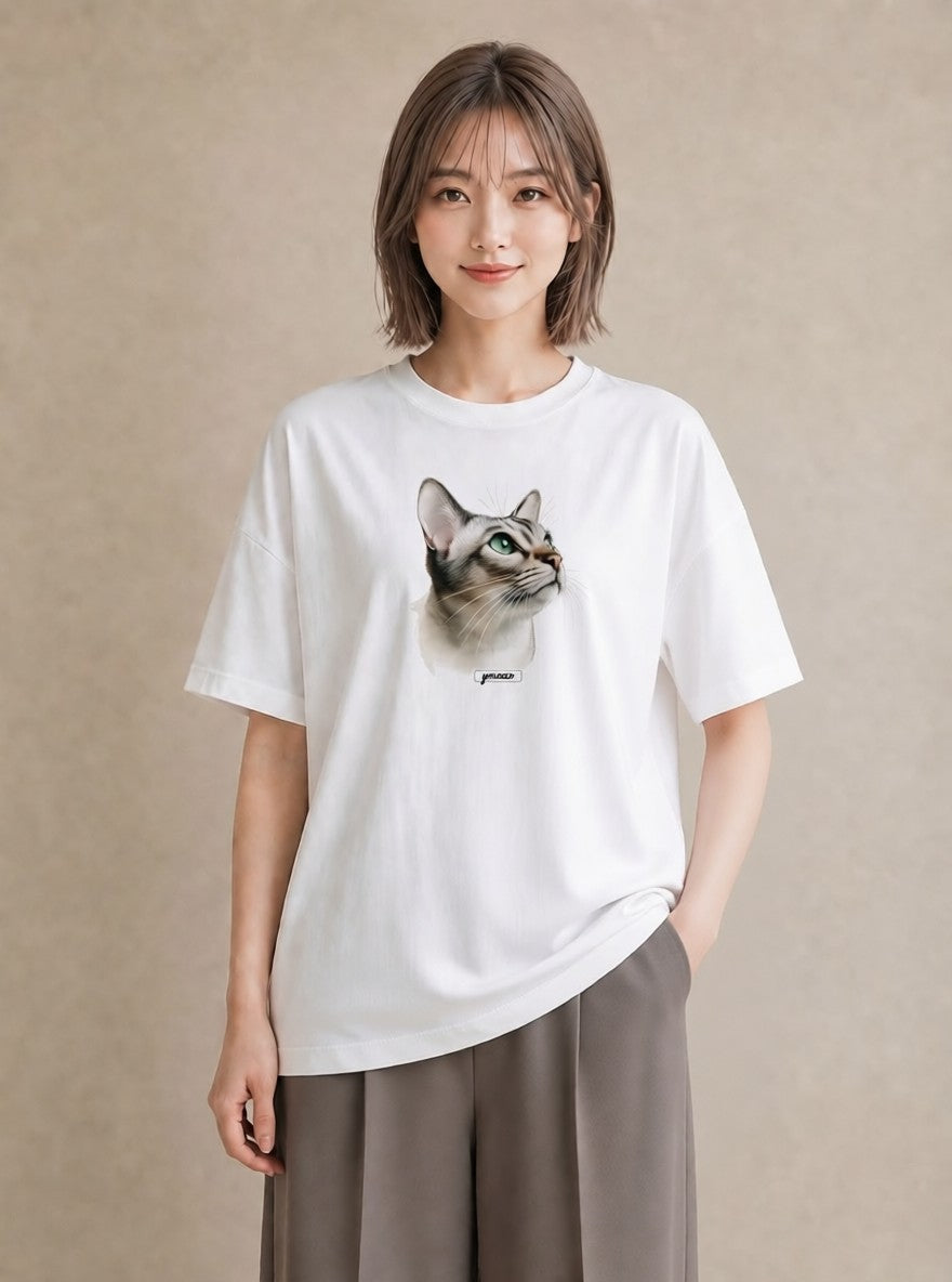 デザインTシャツ レディース 白猫 猫 ねこ イラスト アート風 敬老の日 ホワイトデー 白T YMAZO