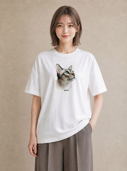 デザインTシャツ レディース 白猫 猫 ねこ イラスト アート風 敬老の日 ホワイトデー 白T YMAZO