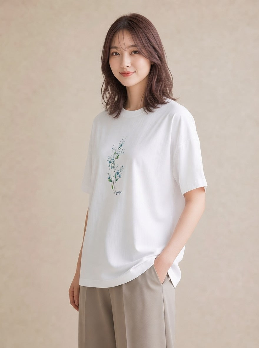 Tシャツ レディース カスミソウ かすみ草 花 花柄 イラスト ゆるコーデ 送別ギフト 通勤 白T YMAZO