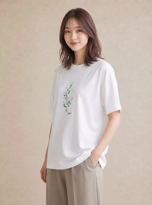 Tシャツ レディース カスミソウ かすみ草 花 花柄 イラスト ゆるコーデ 送別ギフト 通勤 白T YMAZO