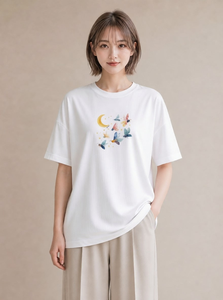 半袖Tシャツ レディース 月 星空 宇宙 イラスト お洒落 ホワイトデー 春服 白T YMAZO