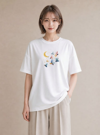 半袖Tシャツ レディース 月 星空 宇宙 イラスト お洒落 ホワイトデー 春服 白T YMAZO