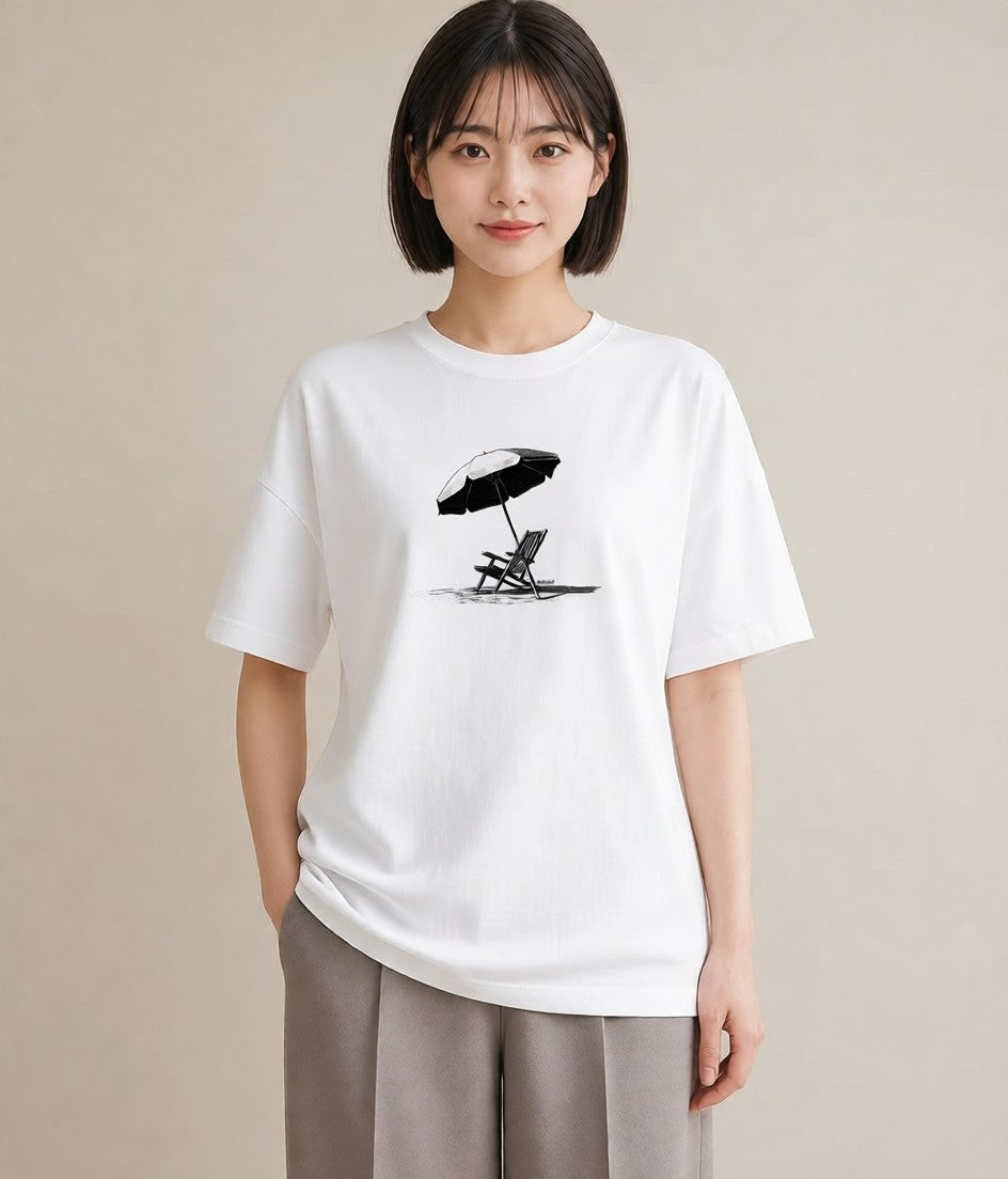 プリントTシャツ レディース 傘 水たまり 雨 ナチュラル アンティーク イラスト ゆるコーデ 女性 旅行用 白T YMAZO