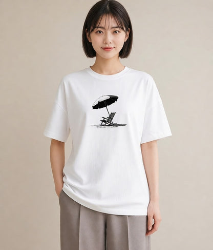 プリントTシャツ レディース 傘 水たまり 雨 ナチュラル アンティーク イラスト ゆるコーデ 女性 旅行用 白T YMAZO