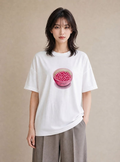 デザインTシャツ レディース パールピアス アクセサリー ナチュラル アンティーク イラスト 水彩風 デイリーウェア 休日 白T YMAZO