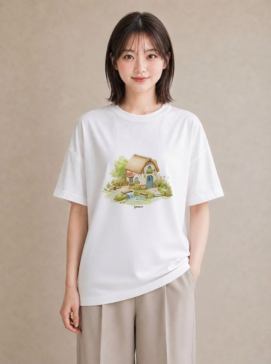 Tシャツ レディース 湖畔の小屋 湖 小屋 ナチュラル アンティーク イラスト きれいめカジュアル 部屋着 女性向けギフト 白T YMAZO