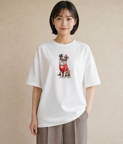 デザインTシャツ レディース ボーダーコリー 犬 いぬ イラスト アート風 カフェ服 クリスマス 白T YMAZO