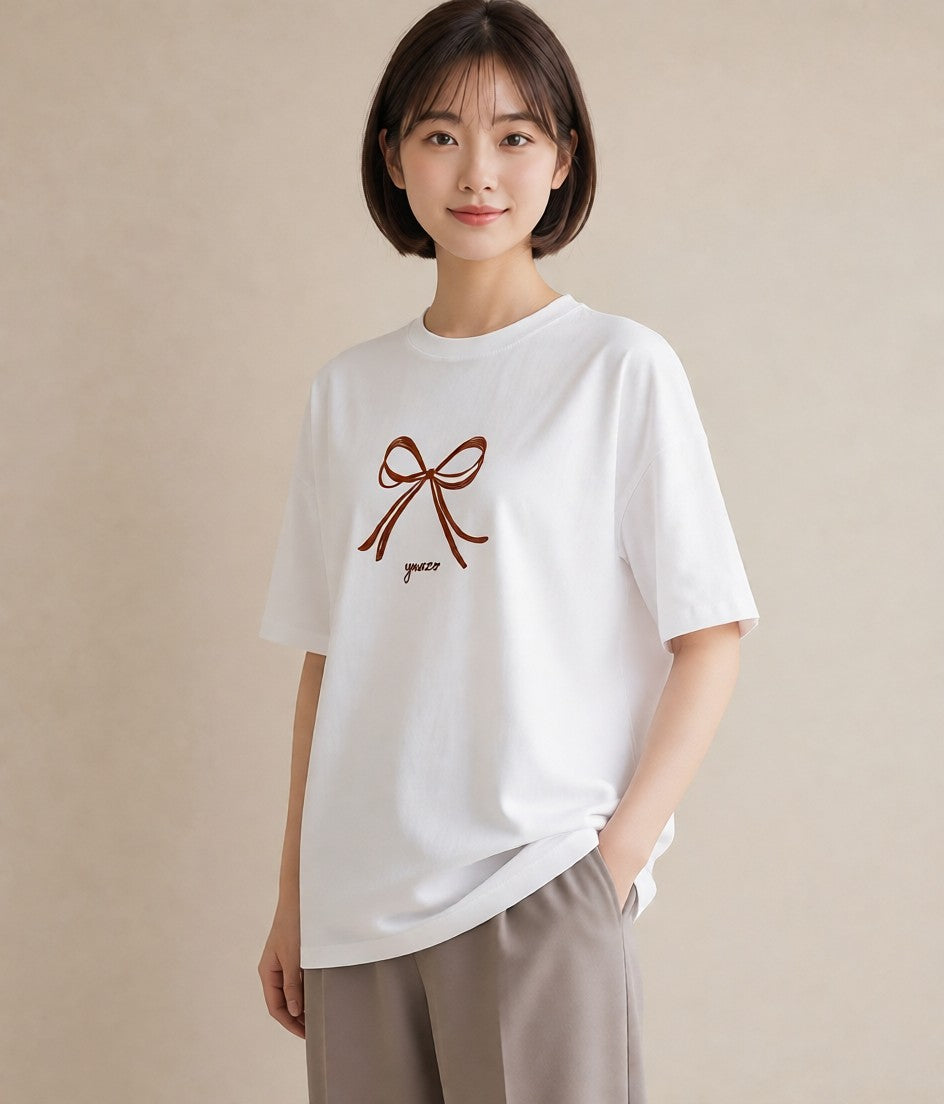 Tシャツ レディース リボン ボウ りぼん イラスト ポップ ビーチ デイリーウェア 白T YMAZO