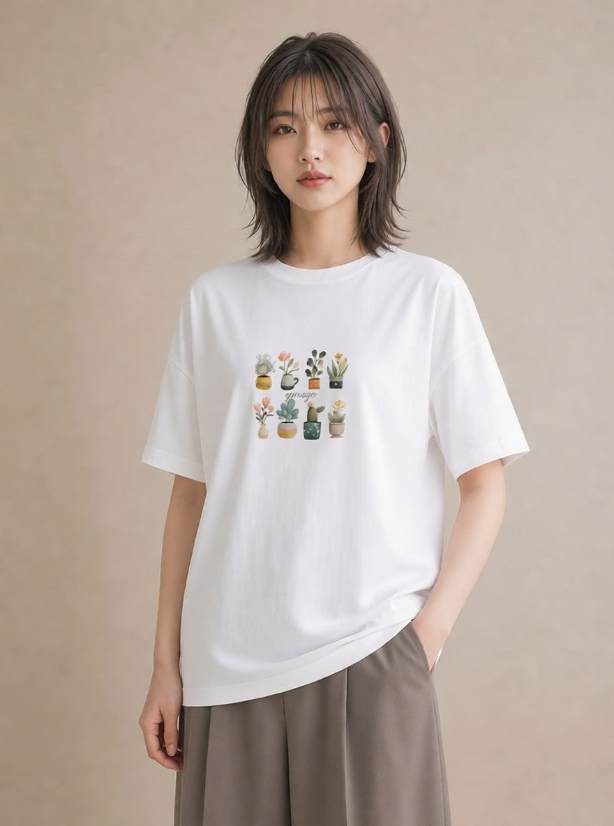 グラフィックTシャツ レディース 観葉植物 植物 ボタニカル イラスト 韓国風 おしゃれギフト 社会人 白T YMAZO