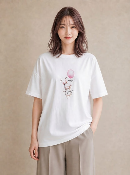 プリントTシャツ レディース 紙風船 和紙 ナチュラル アンティーク イラスト ゆるかわ 部屋着 女性向けギフト 白T YMAZO