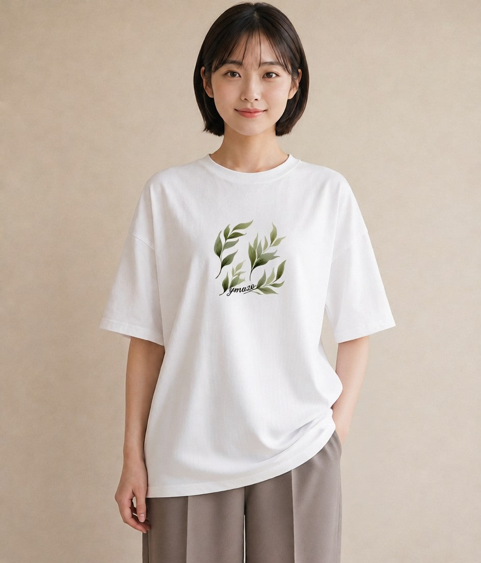 プリントTシャツ レディース シダ 植物 ボタニカル イラスト モード 春服 ミセス 白T YMAZO