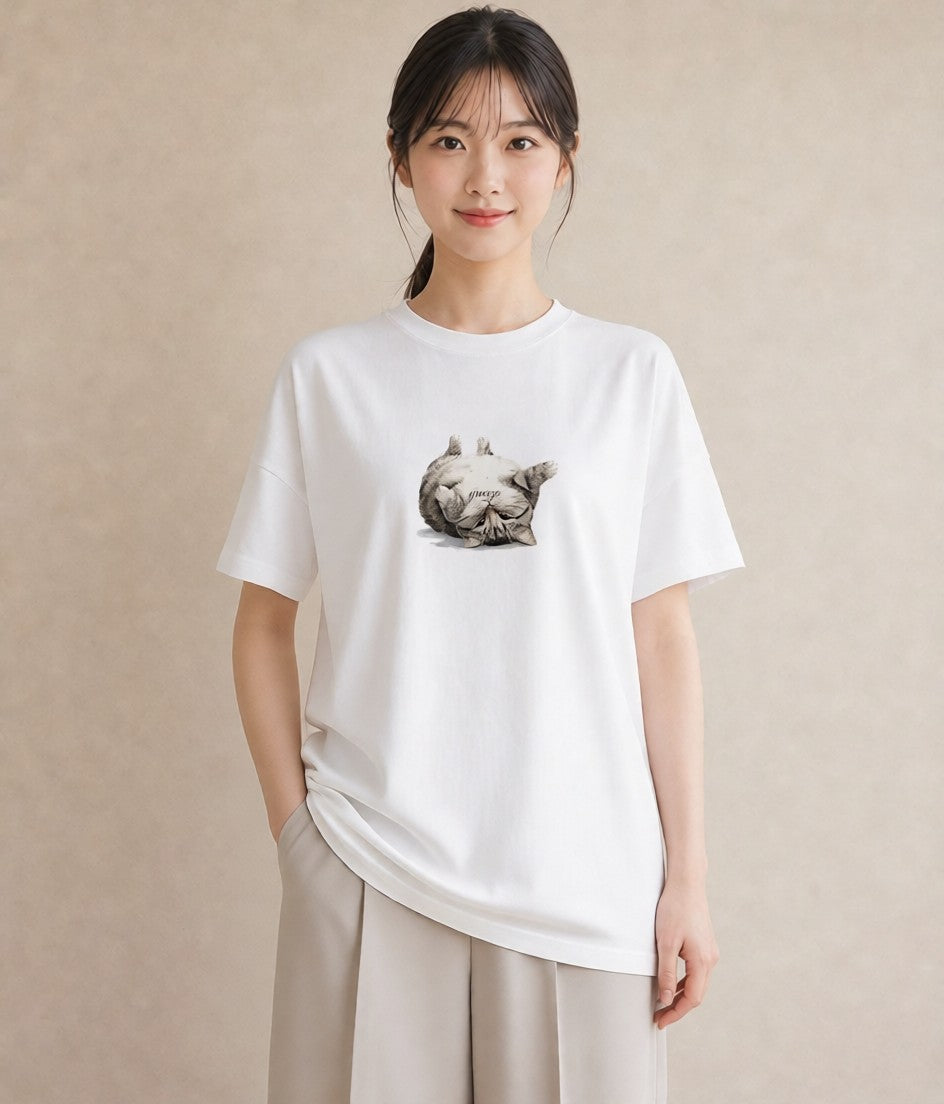 グラフィックTシャツ レディース しっぽ 猫 ねこ イラスト レトロ 送別ギフト 通勤 白T YMAZO