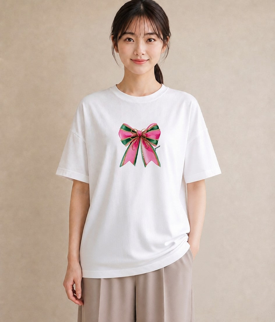 プリントTシャツ レディース リボン 蝶結び ナチュラル アンティーク イラスト こなれ感 ママ カフェ服 白T YMAZO