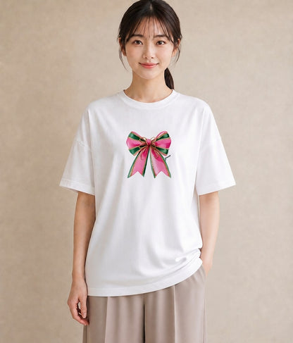プリントTシャツ レディース リボン 蝶結び ナチュラル アンティーク イラスト こなれ感 ママ カフェ服 白T YMAZO