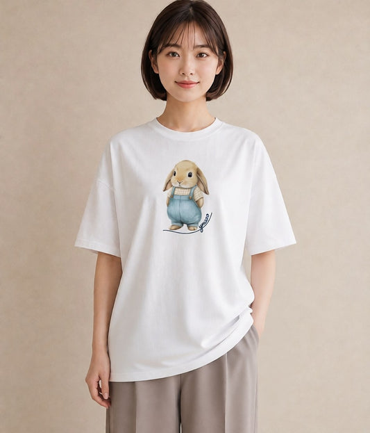 Tシャツ レディース ライオンラビット ペット 動物 イラスト 手描き風 通勤 在宅 白T YMAZO