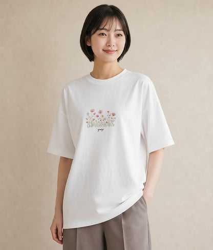 Tシャツ レディース デイジー 花 花柄 イラスト きれいめカジュアル 在宅 公園 白T YMAZO
