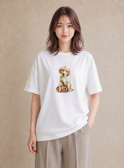 Tシャツ レディース ゴールデンレトリバー ゴールデン 犬 いぬ イラスト 水彩風 カジュアルコーデ 買い物 白T YMAZO