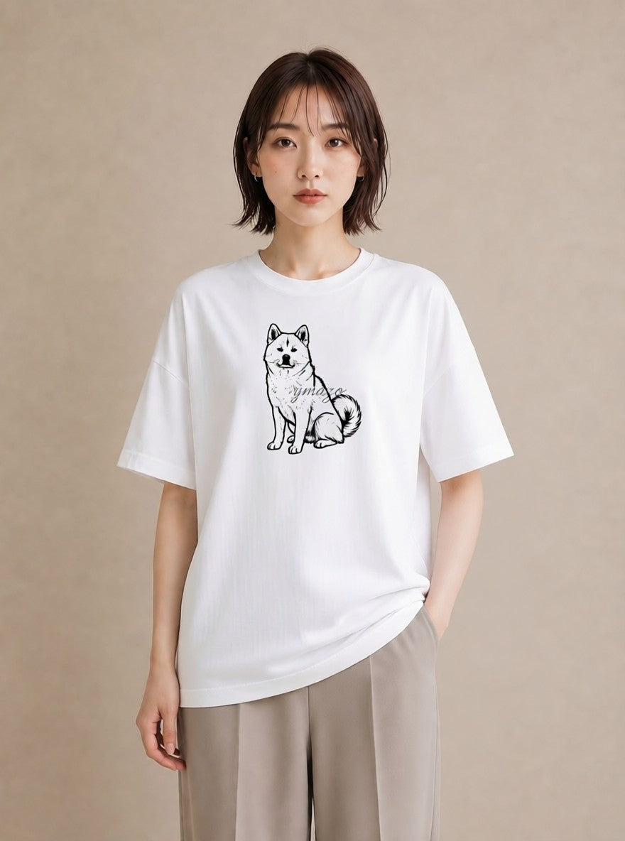 グラフィックTシャツ レディース 秋田犬 犬 いぬ イラスト デイリーウェア 休日 白T YMAZO