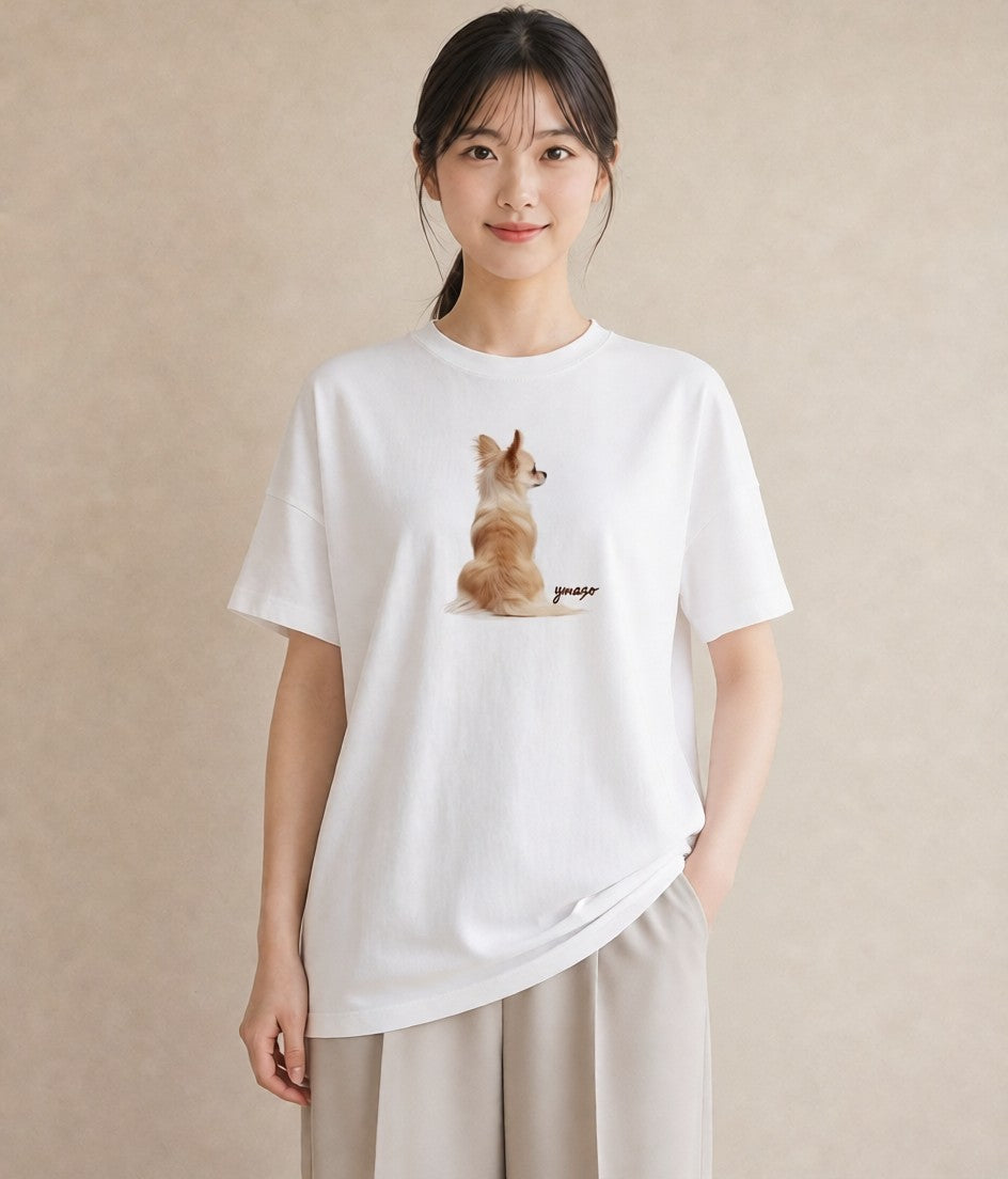 グラフィックTシャツ レディース ロングコートチワワ 犬 いぬ イラスト ミニマル 部屋着 女性向けギフト 白T YMAZO