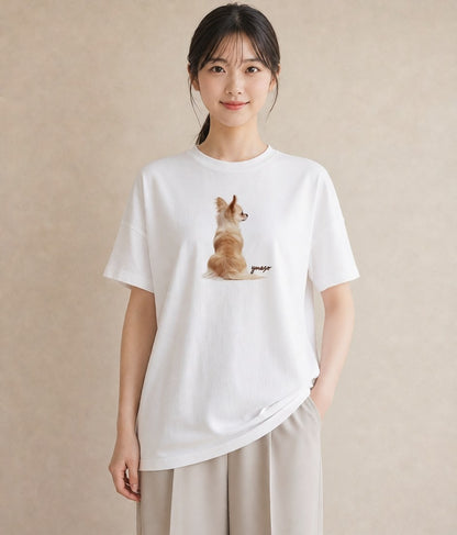グラフィックTシャツ レディース ロングコートチワワ 犬 いぬ イラスト ミニマル 部屋着 女性向けギフト 白T YMAZO
