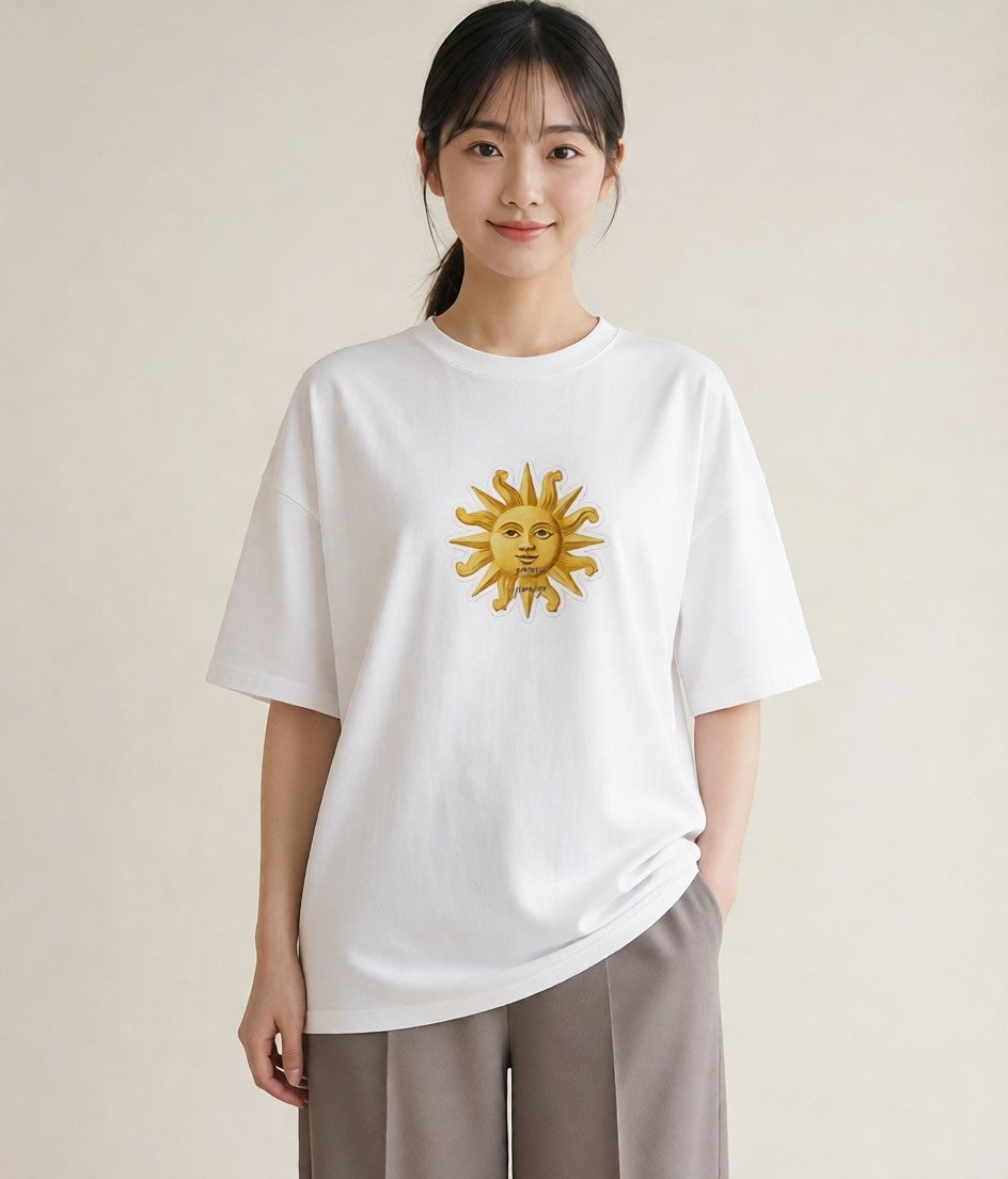 グラフィックTシャツ レディース 太陽 星空 宇宙 イラスト ポップ ラフ レイヤード 白T YMAZO