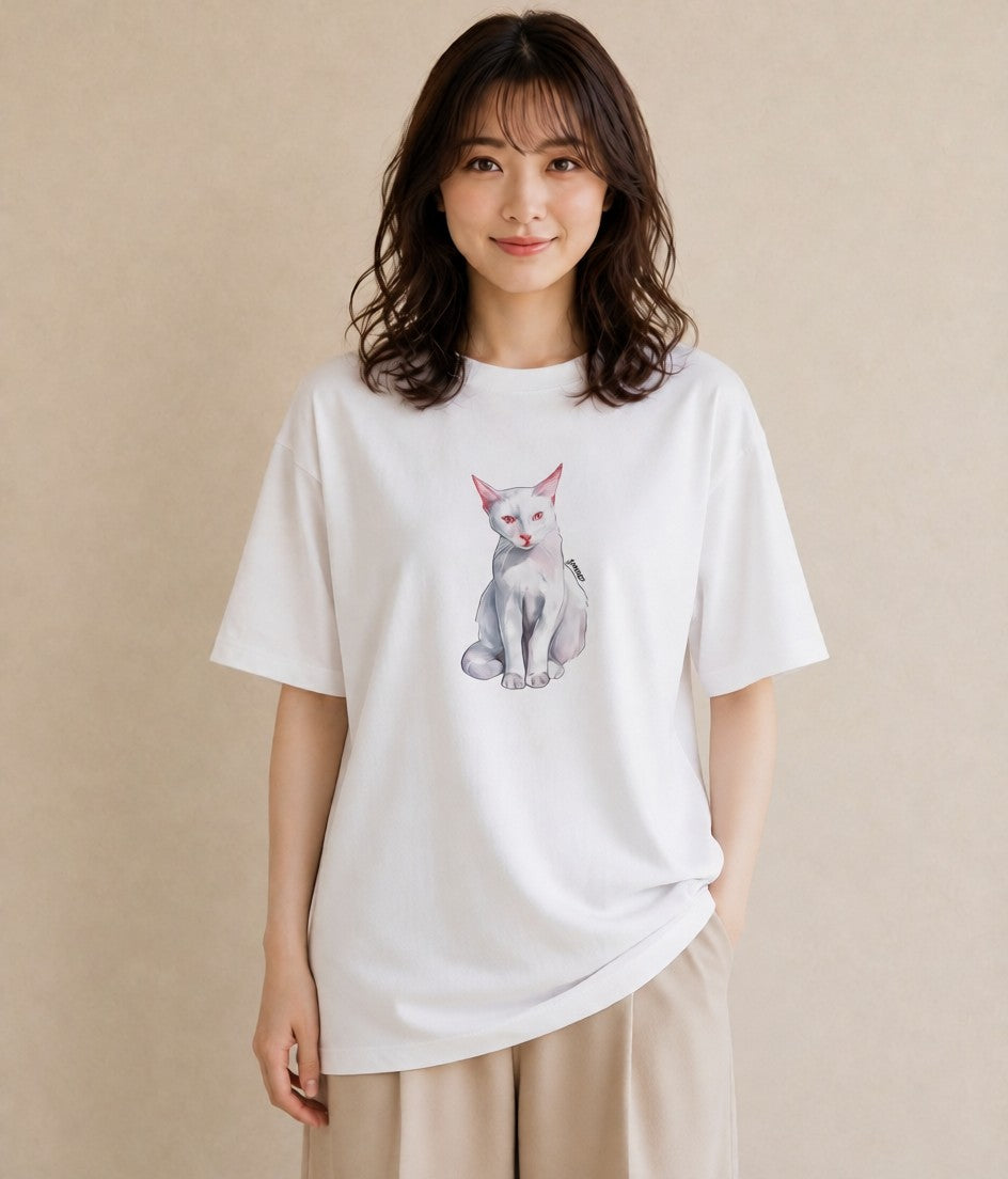 デザインTシャツ レディース 猫 ねこ イラスト ゆるかわ ペアコーデ 秋コーデ 白T YMAZO