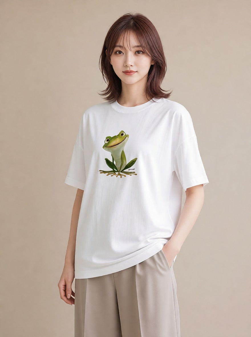 Tシャツ レディース アマガエル ペット 動物 イラスト きれいめカジュアル 部屋着 女性向けギフト 白T YMAZO