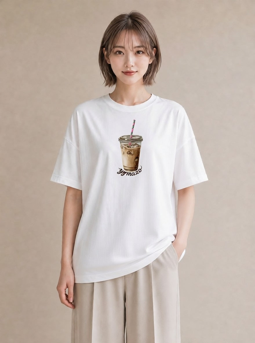 Tシャツ レディース カフェラテ 食べ物 フード イラスト 水彩風 母娘コーデ 自分用 白T YMAZO