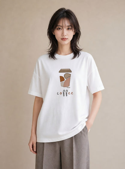 デザインTシャツ レディース カフェ カフェロゴ ロゴ イラスト 韓国風 社会人 女性 白T YMAZO