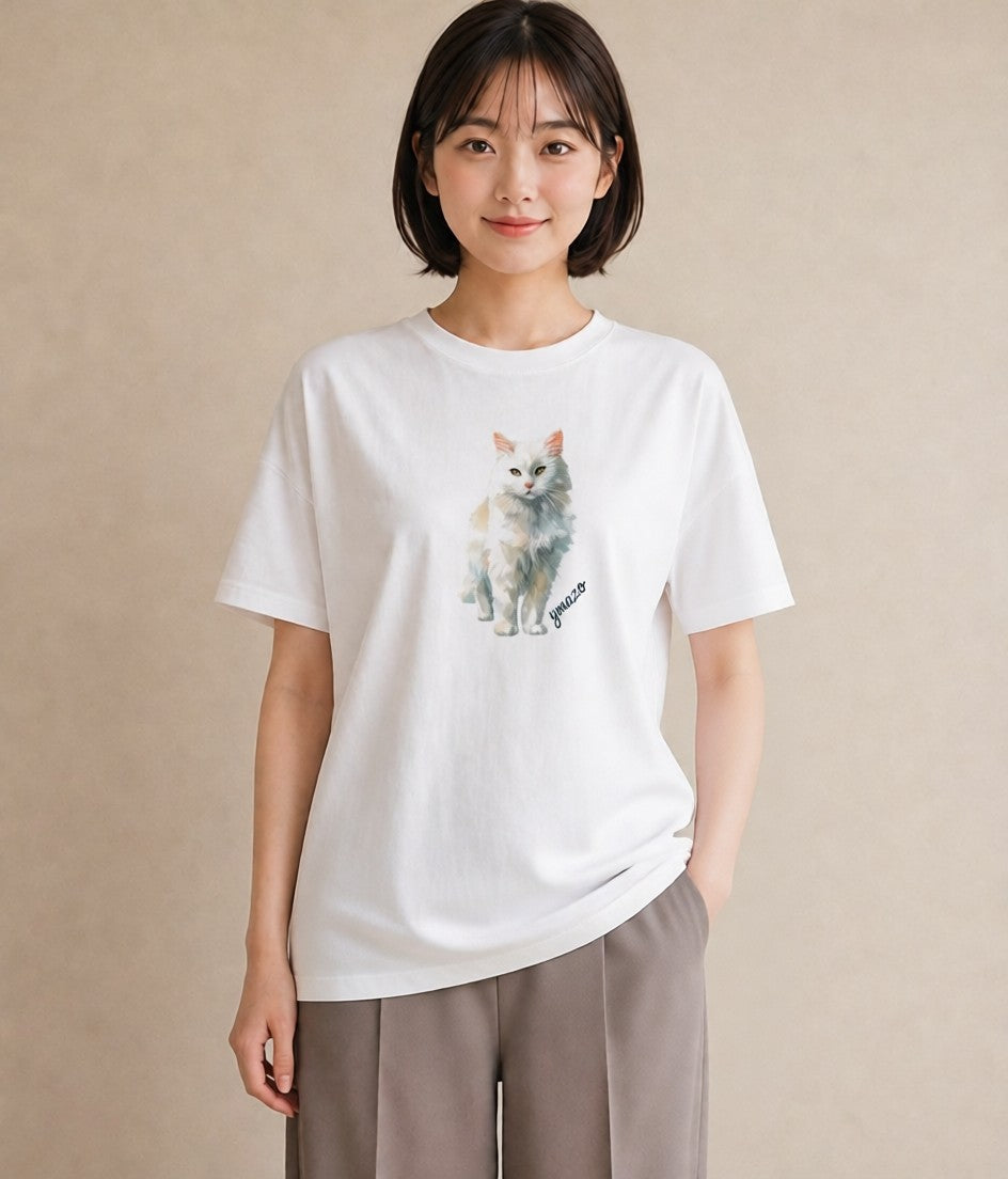 半袖Tシャツ レディース 猫好き 猫 ねこ イラスト ミニマル 女子会 お揃い 白T YMAZO