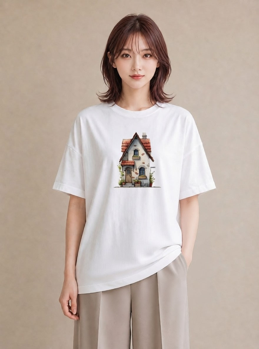 デザインTシャツ レディース 湖畔の小屋 湖 小屋 ナチュラル アンティーク イラスト こなれ感 カフェ服 クリスマス 白T YMAZO