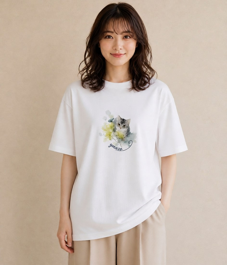プリントTシャツ レディース ロシアンブルー 猫 ねこ イラスト 線画 デイリーウェア 休日 白T YMAZO