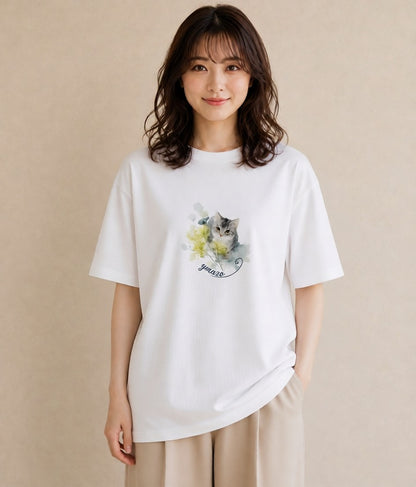 プリントTシャツ レディース ロシアンブルー 猫 ねこ イラスト 線画 デイリーウェア 休日 白T YMAZO