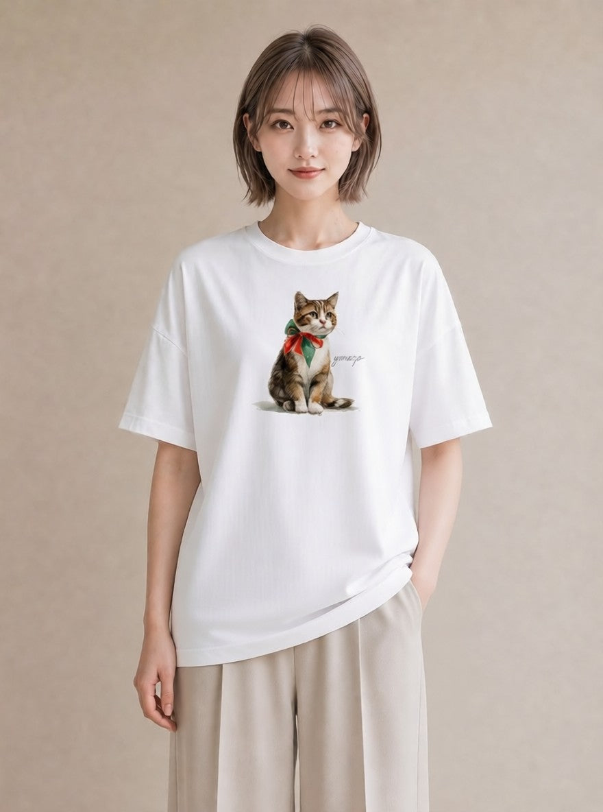 Tシャツ レディース 三毛猫 みけねこ 三毛 猫 ねこ イラスト 線画 在宅 公園 白T YMAZO