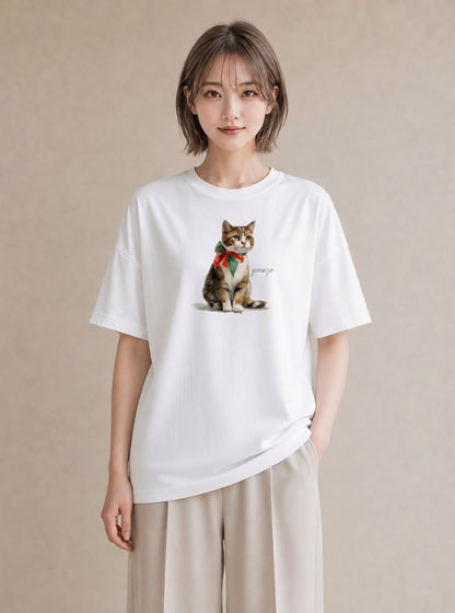 Tシャツ レディース 三毛猫 みけねこ 三毛 猫 ねこ イラスト 線画 在宅 公園 白T YMAZO